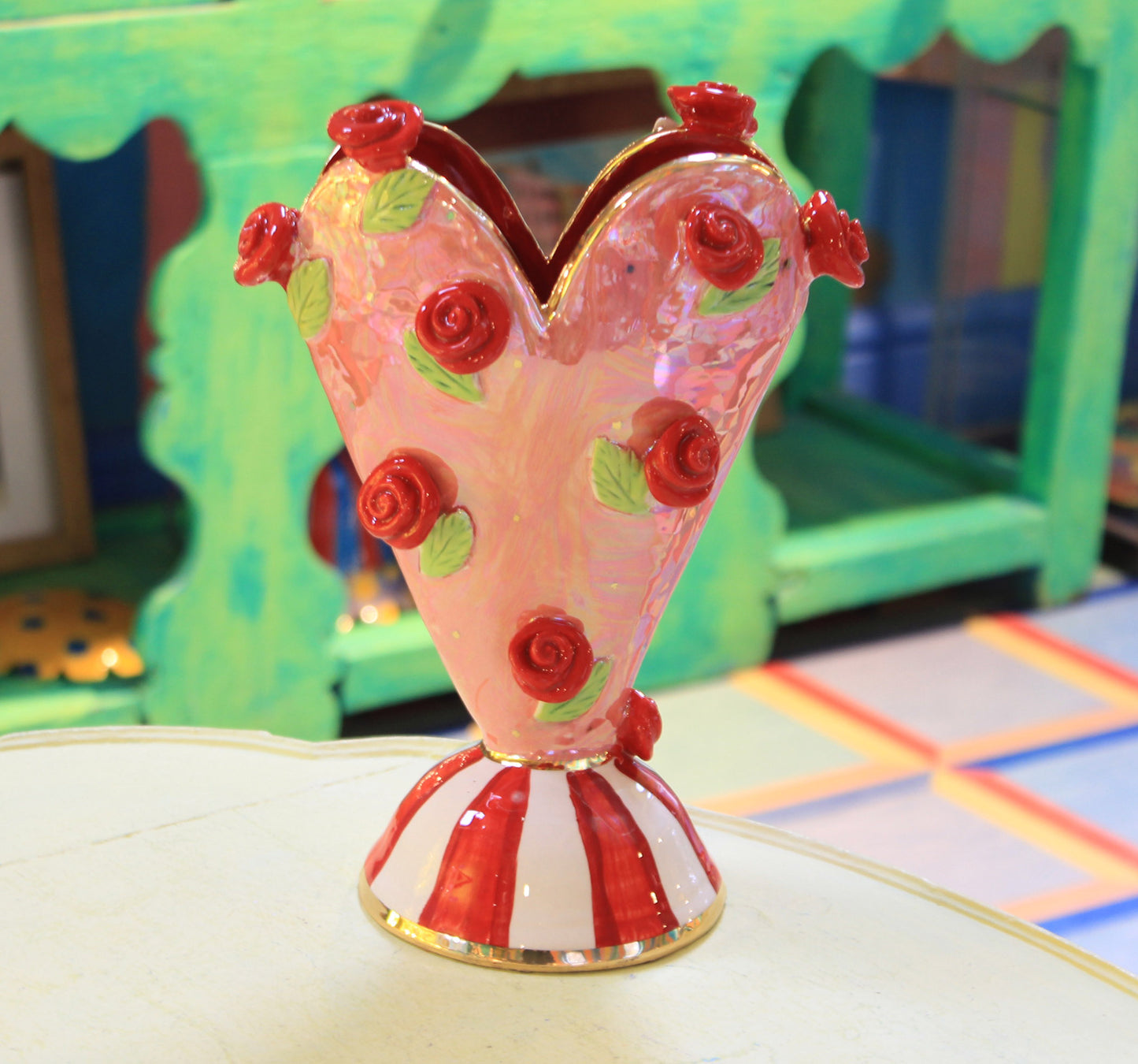 Small Rose Studded Heart Vase Reds and Pinks - MaryRoseYoung