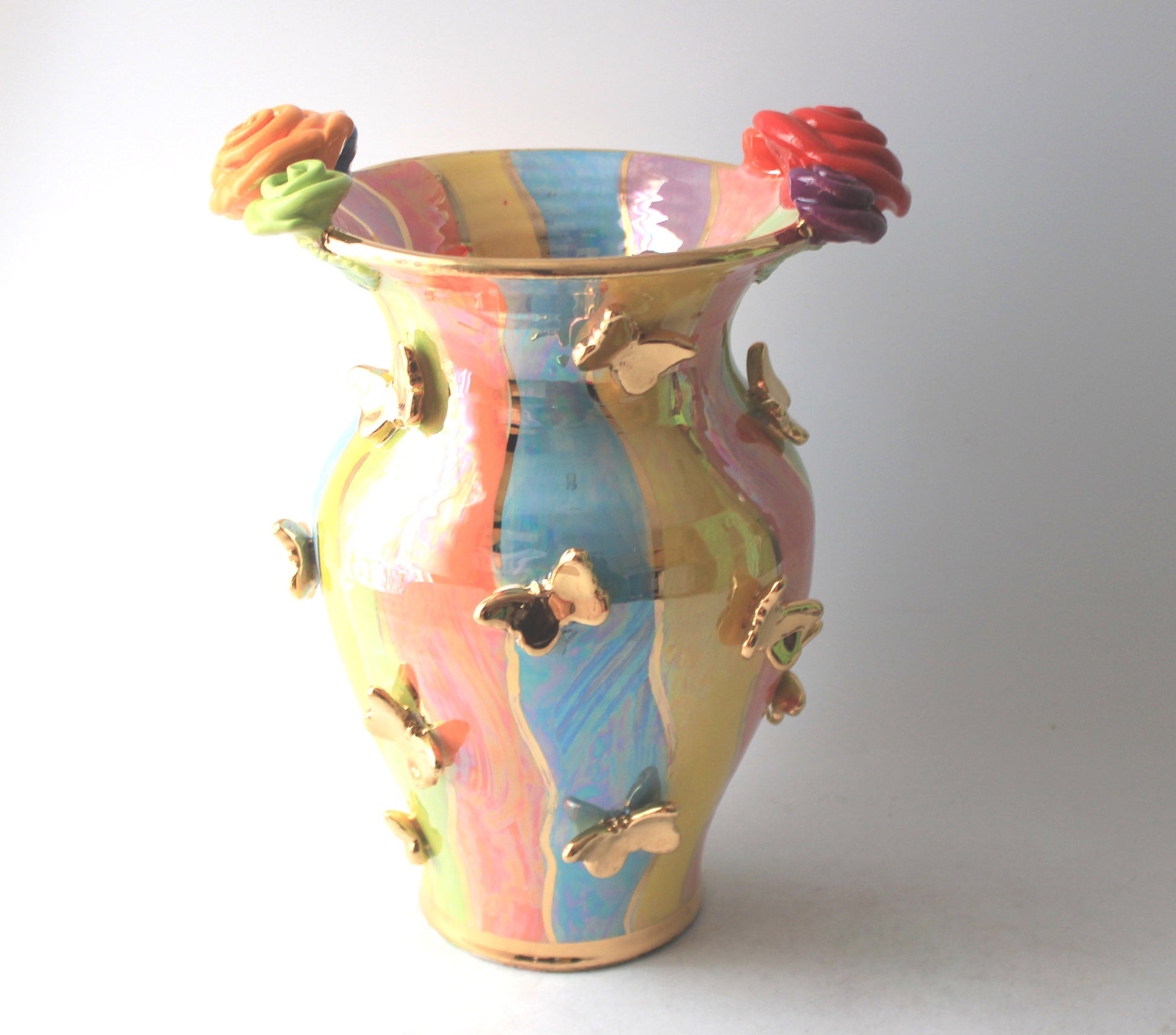 Large Fat Vase with Butterflies Wavy Pale Stripes - MaryRoseYoung