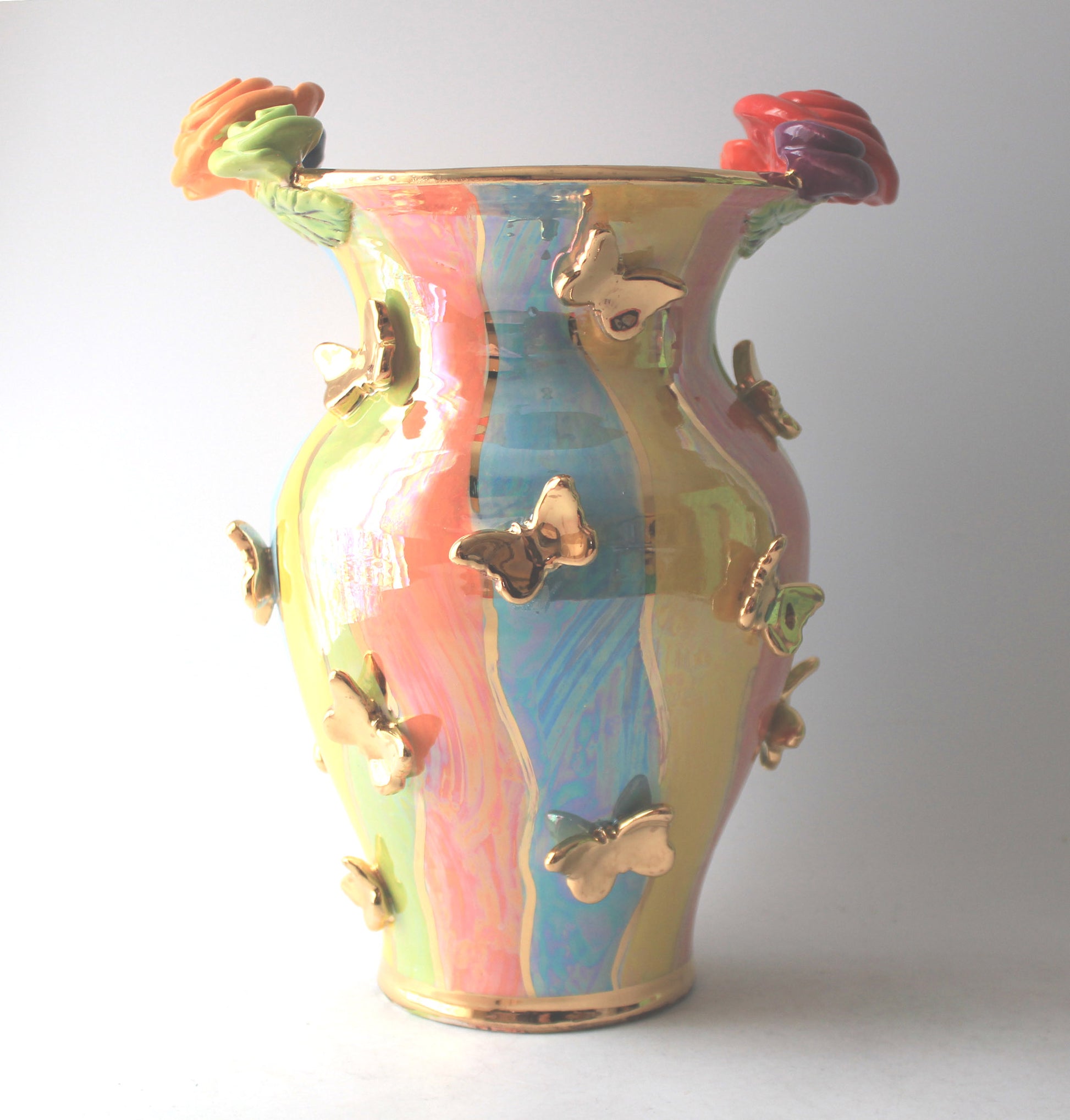 Large Fat Vase with Butterflies Wavy Pale Stripes - MaryRoseYoung