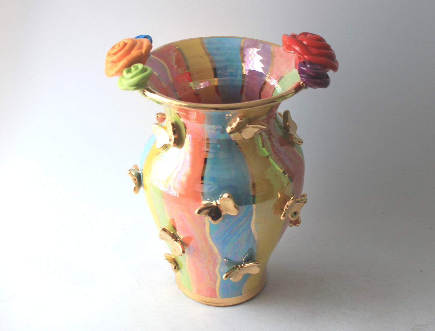 Large Fat Vase with Butterflies Wavy Pale Stripes - MaryRoseYoung