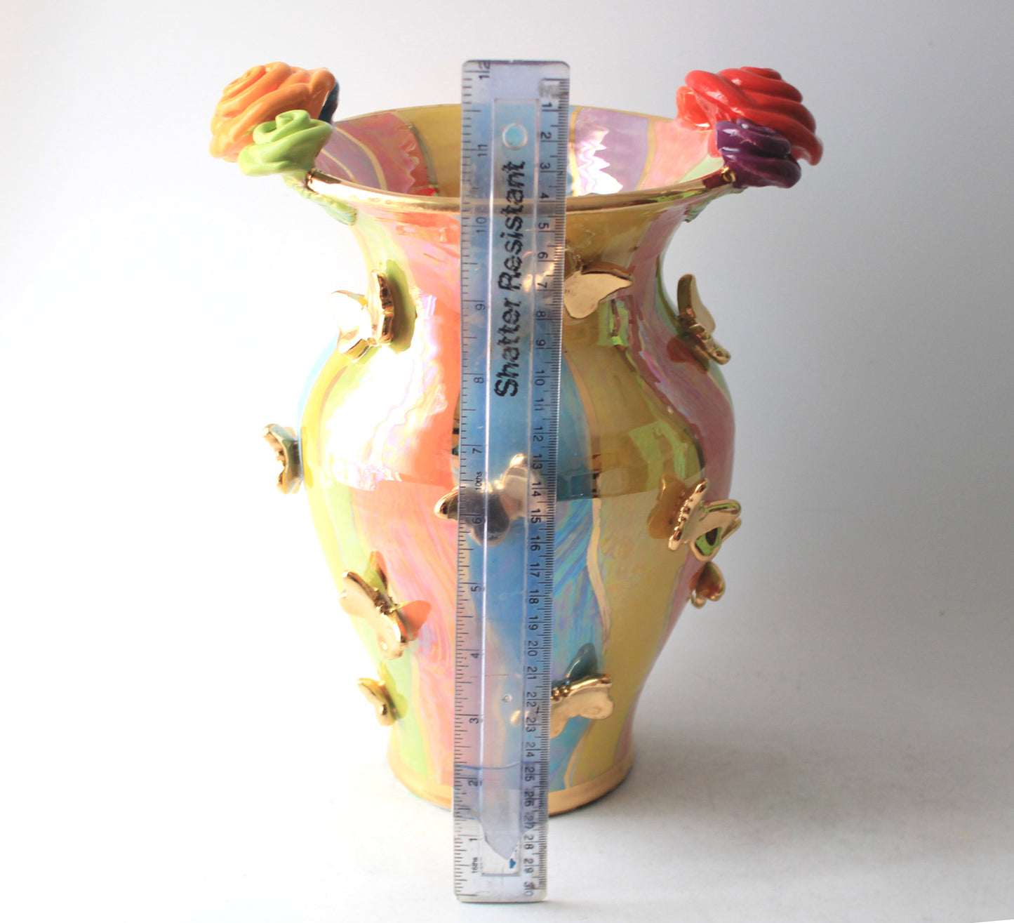 Large Fat Vase with Butterflies Wavy Pale Stripes - MaryRoseYoung