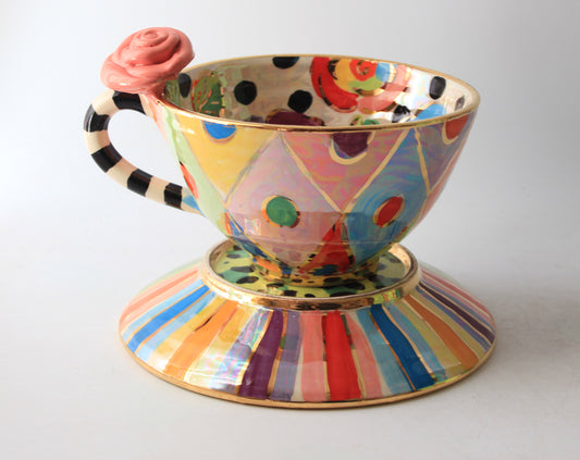 Rose Handled Breakfast Cup and Saucer with Mixed Designs #1