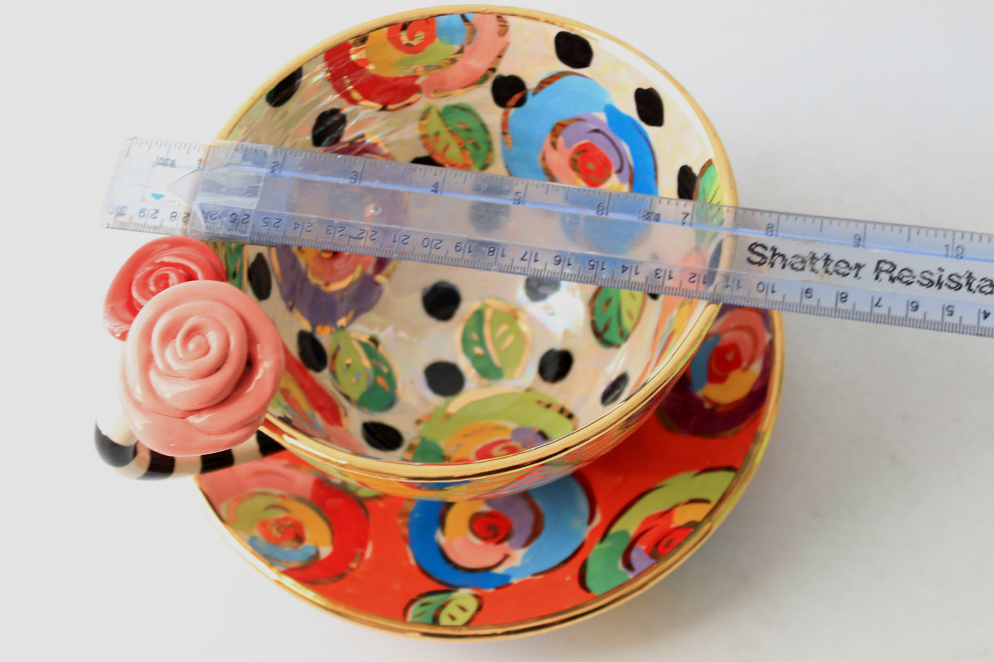 Rose Handled Breakfast Cup and Saucer with Mixed Designs #1