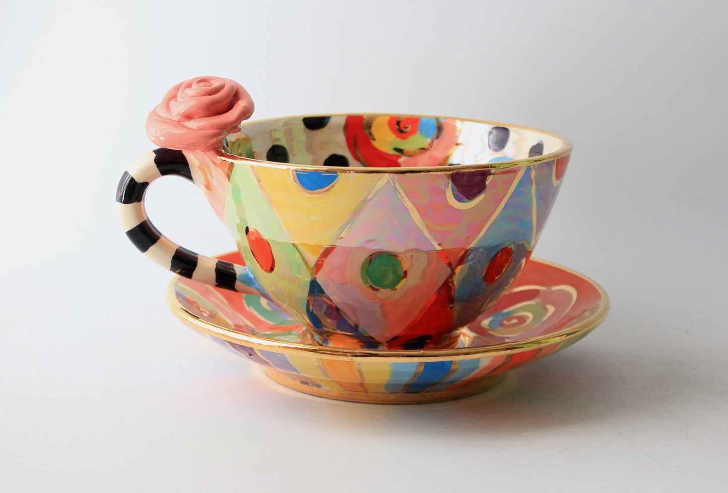 Rose Handled Breakfast Cup and Saucer with Mixed Designs #1