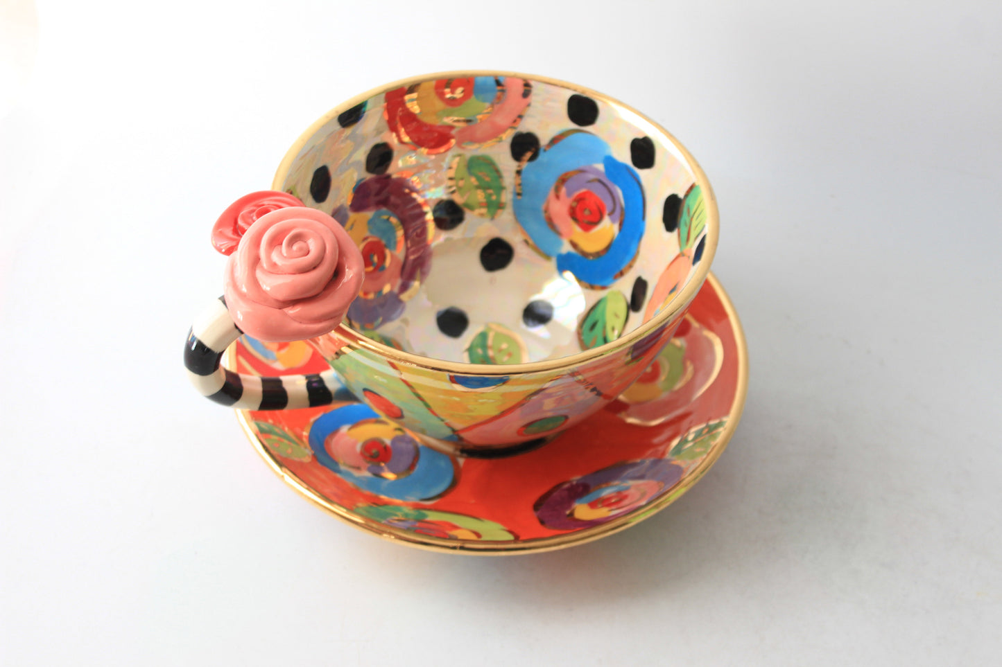 Rose Handled Breakfast Cup and Saucer with Mixed Designs #1
