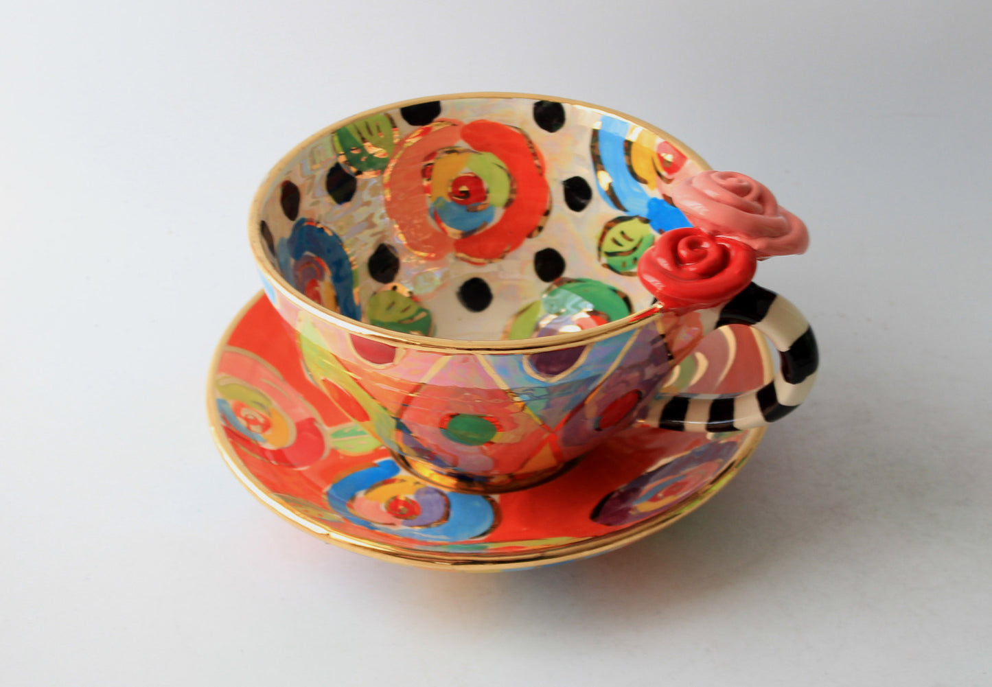 Rose Handled Breakfast Cup and Saucer with Mixed Designs #1