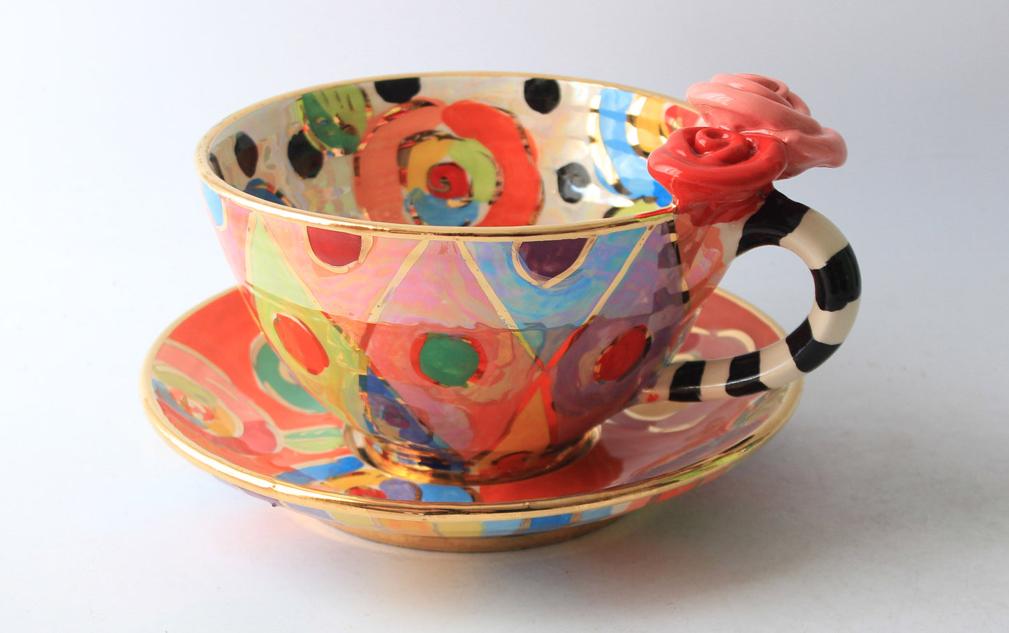 Rose Handled Breakfast Cup and Saucer with Mixed Designs #1