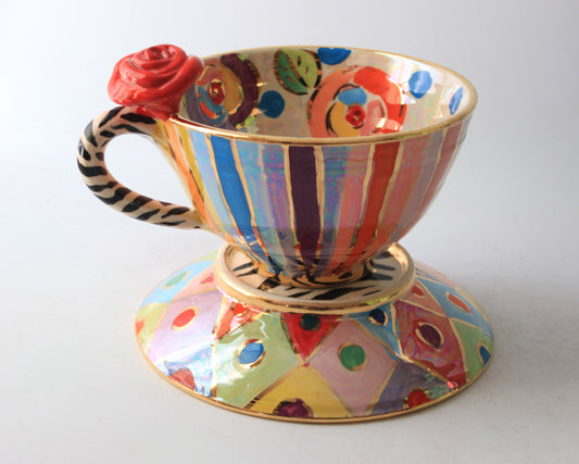 Rose Handled Breakfast Cup and Saucer with Mixed Designs #2