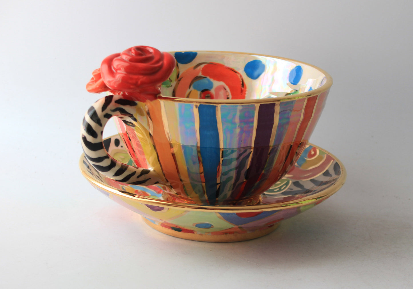 Rose Handled Breakfast Cup and Saucer with Mixed Designs #2