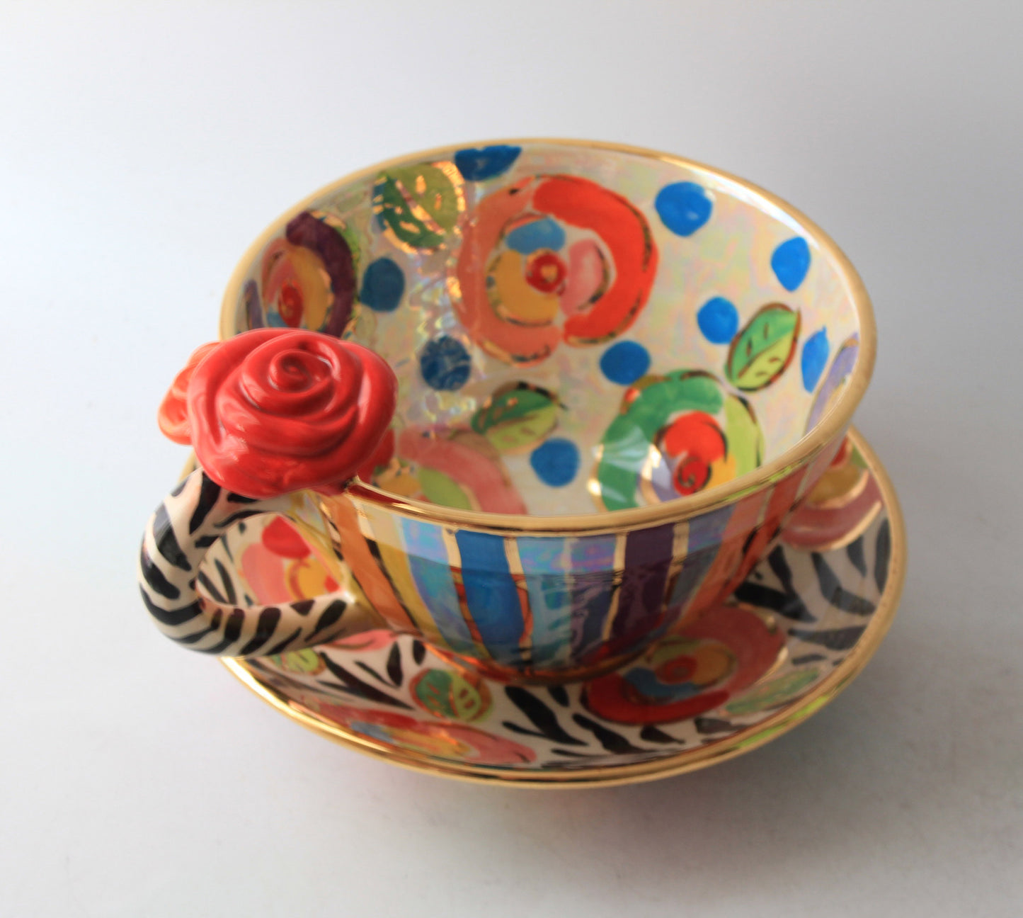 Rose Handled Breakfast Cup and Saucer with Mixed Designs #2