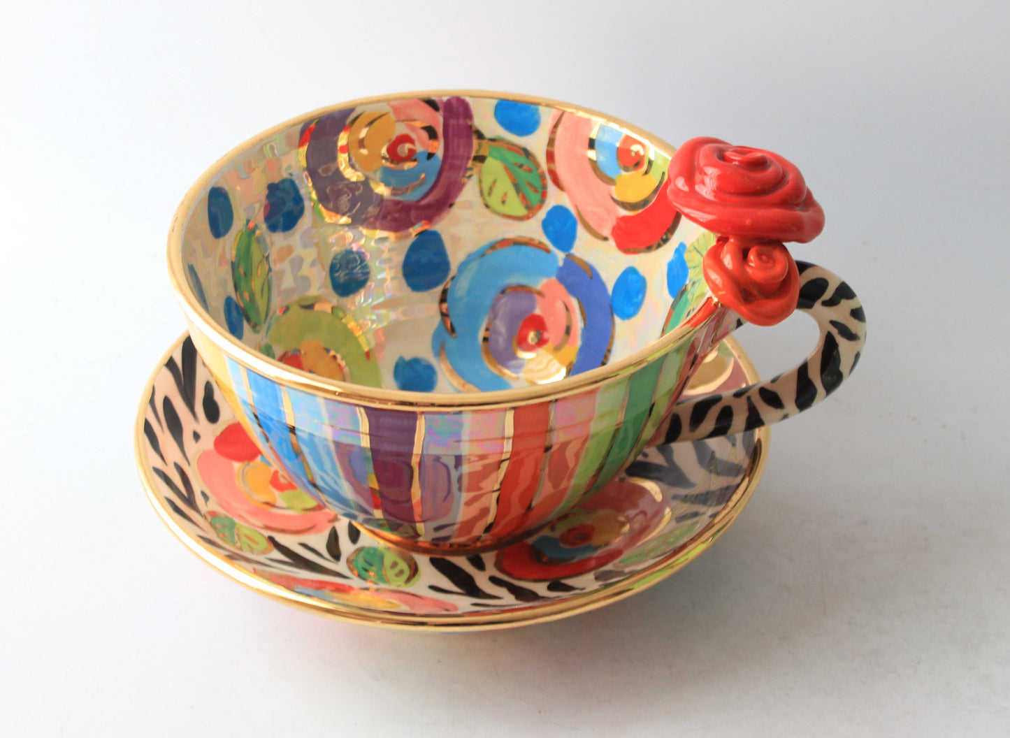 Rose Handled Breakfast Cup and Saucer with Mixed Designs #2