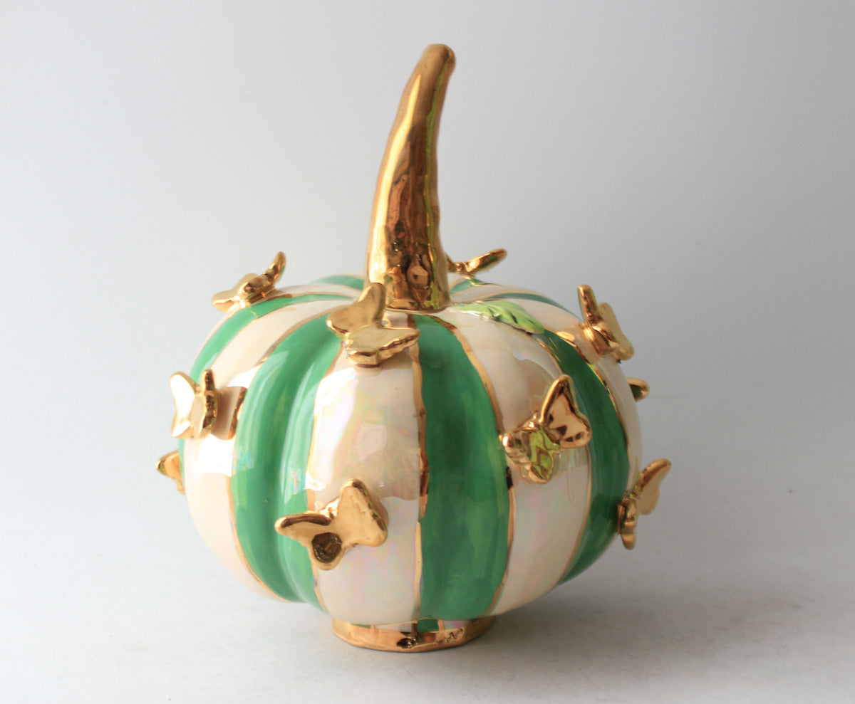Large Butterfly Studded Pumpkin Green and White Stripe