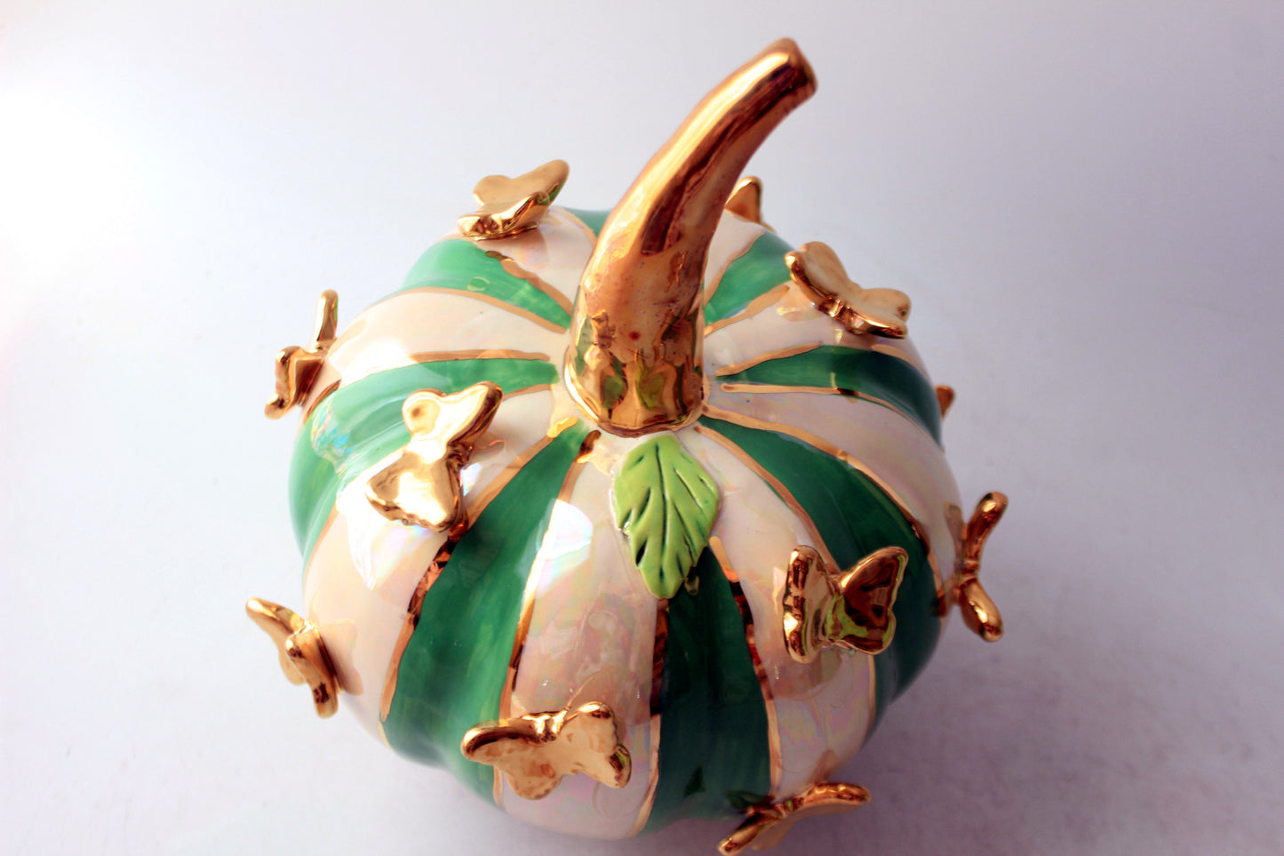 Large Butterfly Studded Pumpkin Green and White Stripe
