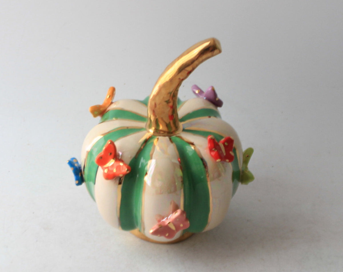 Small Butterfly Studded Pumpkin Green and White Stripe