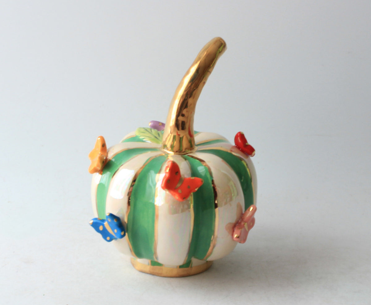 Small Butterfly Studded Pumpkin Green and White Stripe