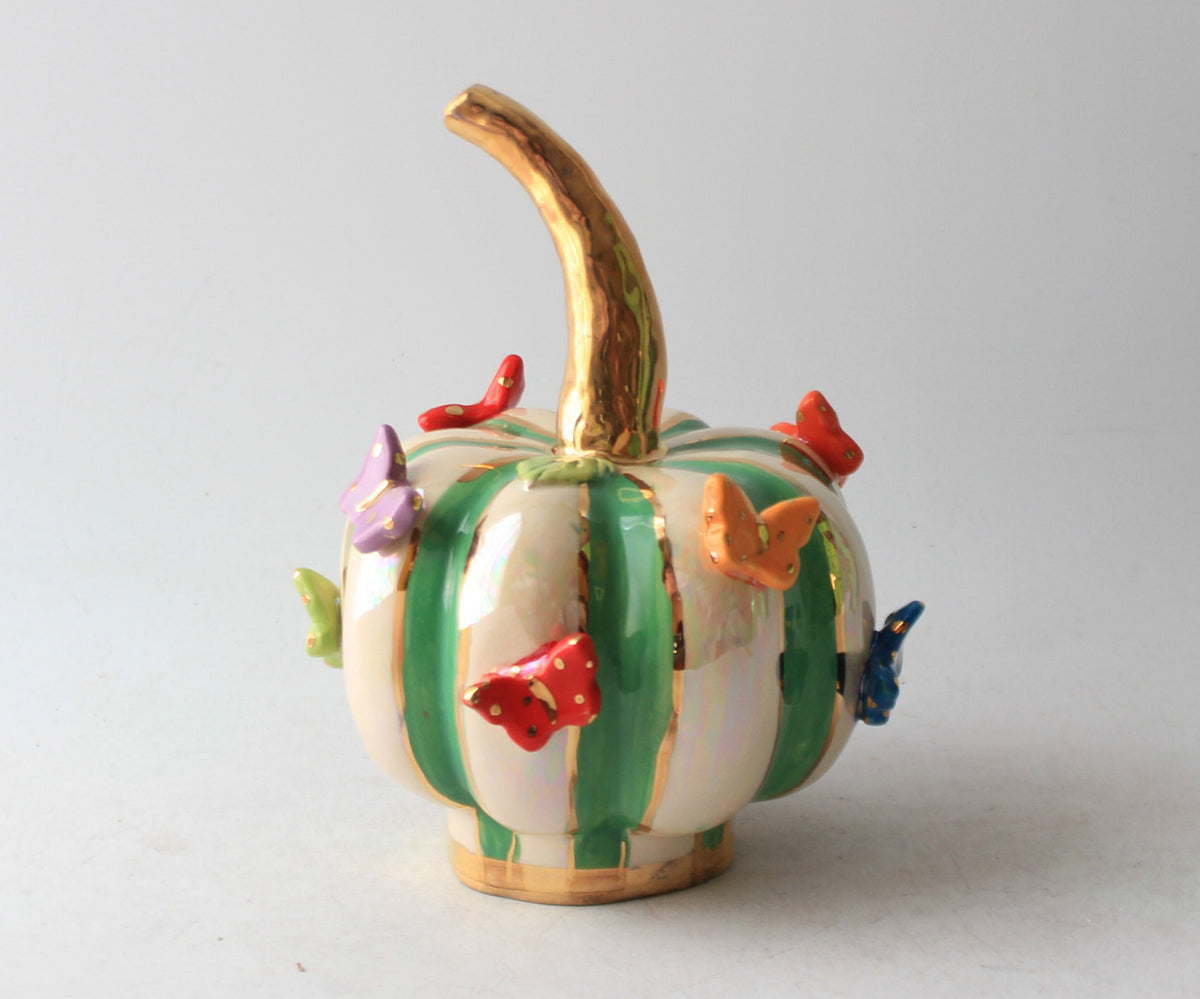 Small Butterfly Studded Pumpkin Green and White Stripe