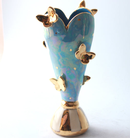 Butterfly Studded Tiny Heart Vase Iridescent Blue