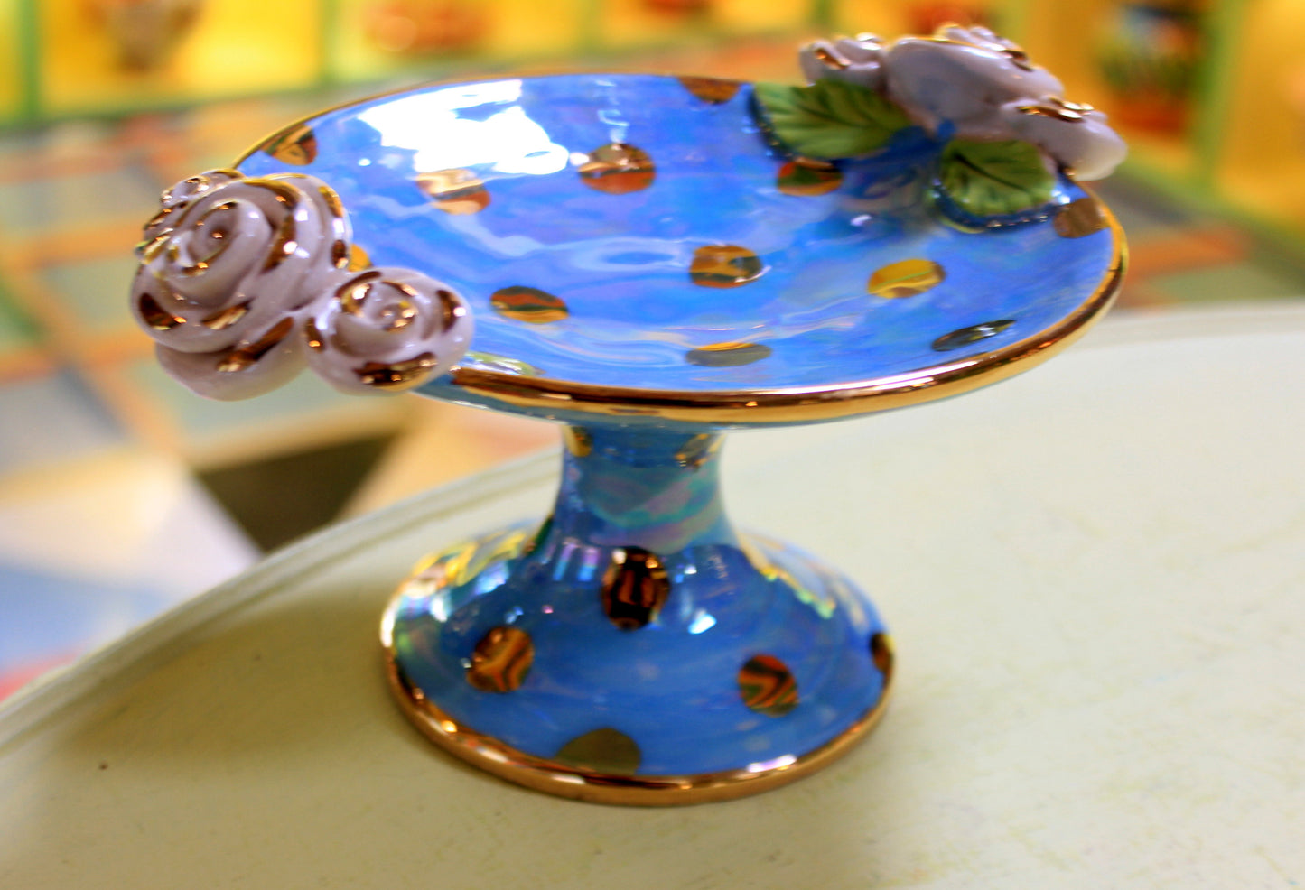 Cocktail Dish Iridescent Blue with Gold Dots