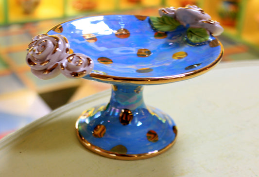 Cocktail Dish Iridescent Blue with Gold Dots