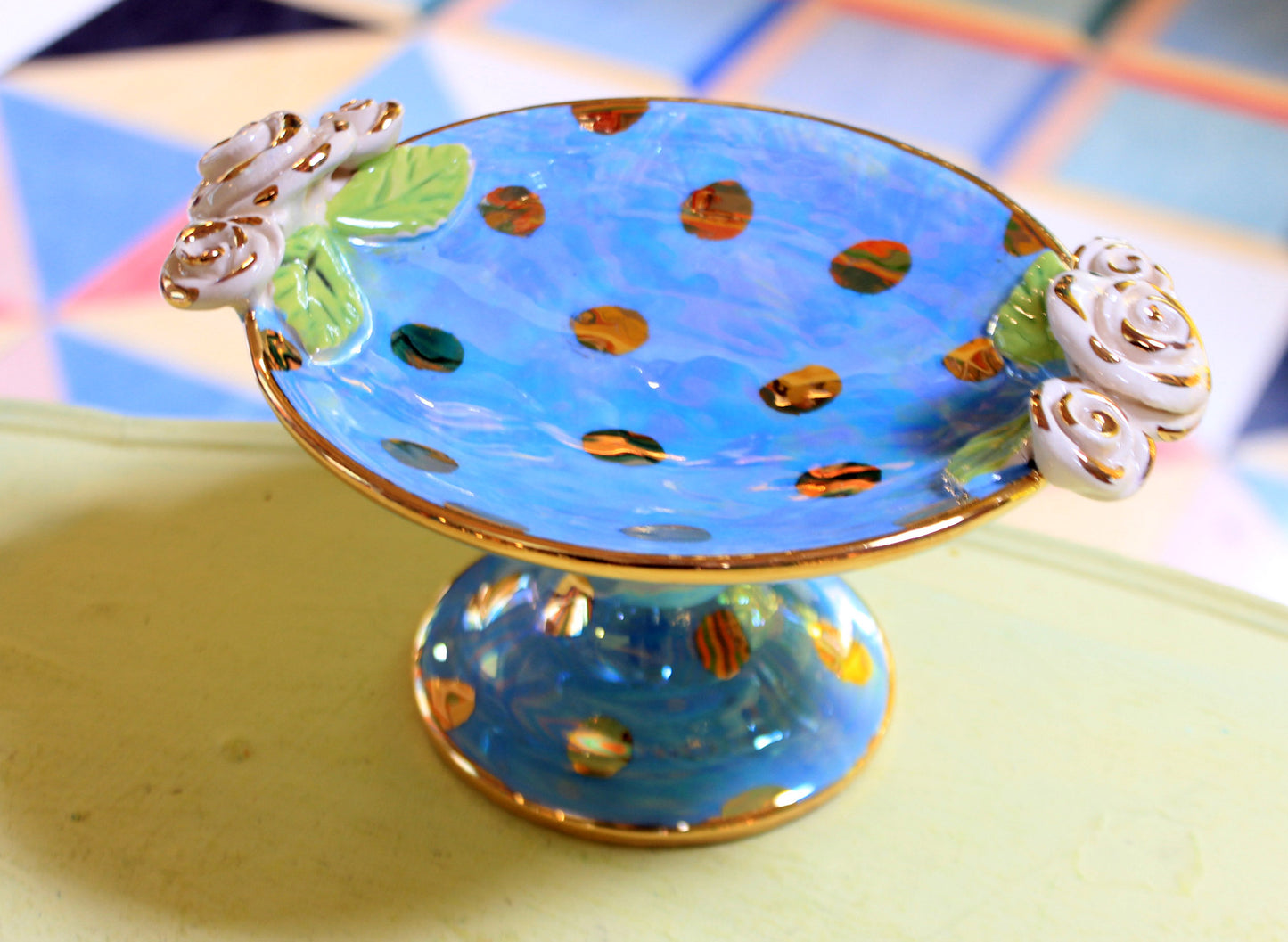 Cocktail Dish Iridescent Blue with Gold Dots