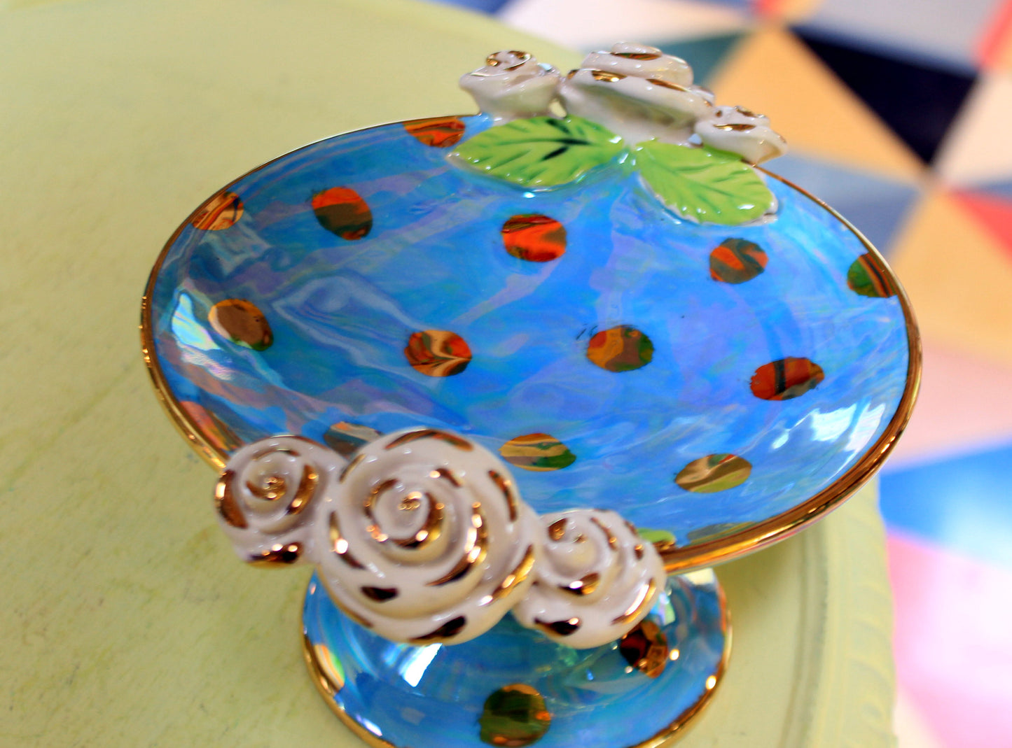 Cocktail Dish Iridescent Blue with Gold Dots