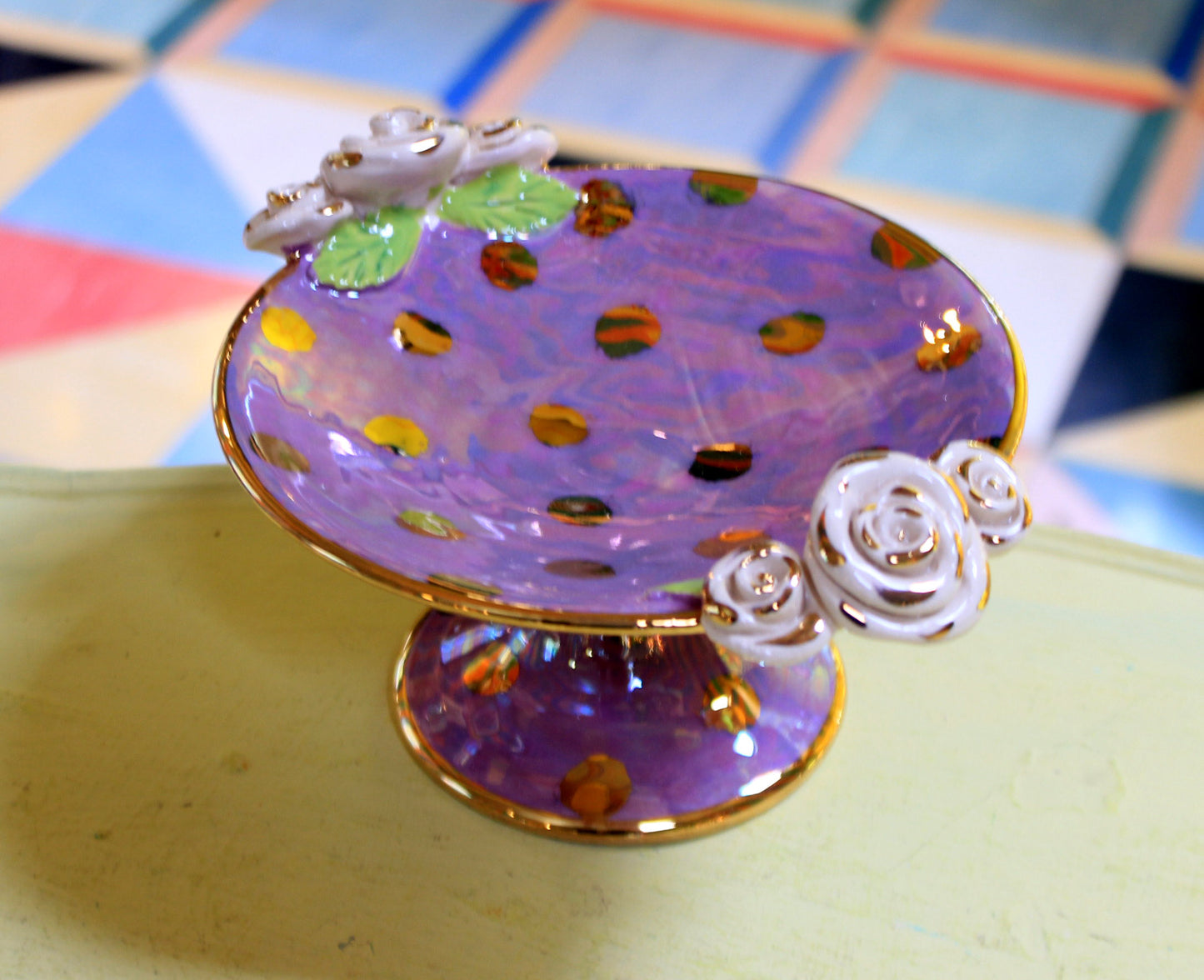 Cocktail Dish Iridescent Lilac with Gold Dots