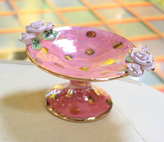 Cocktail Dish Iridescent Pink with Gold Dots