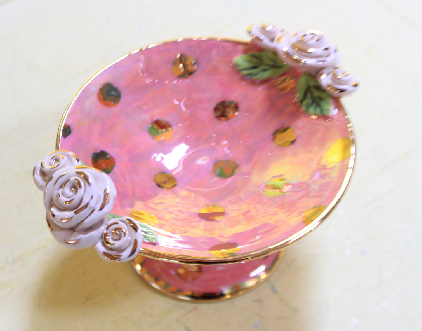 Cocktail Dish Iridescent Pink with Gold Dots