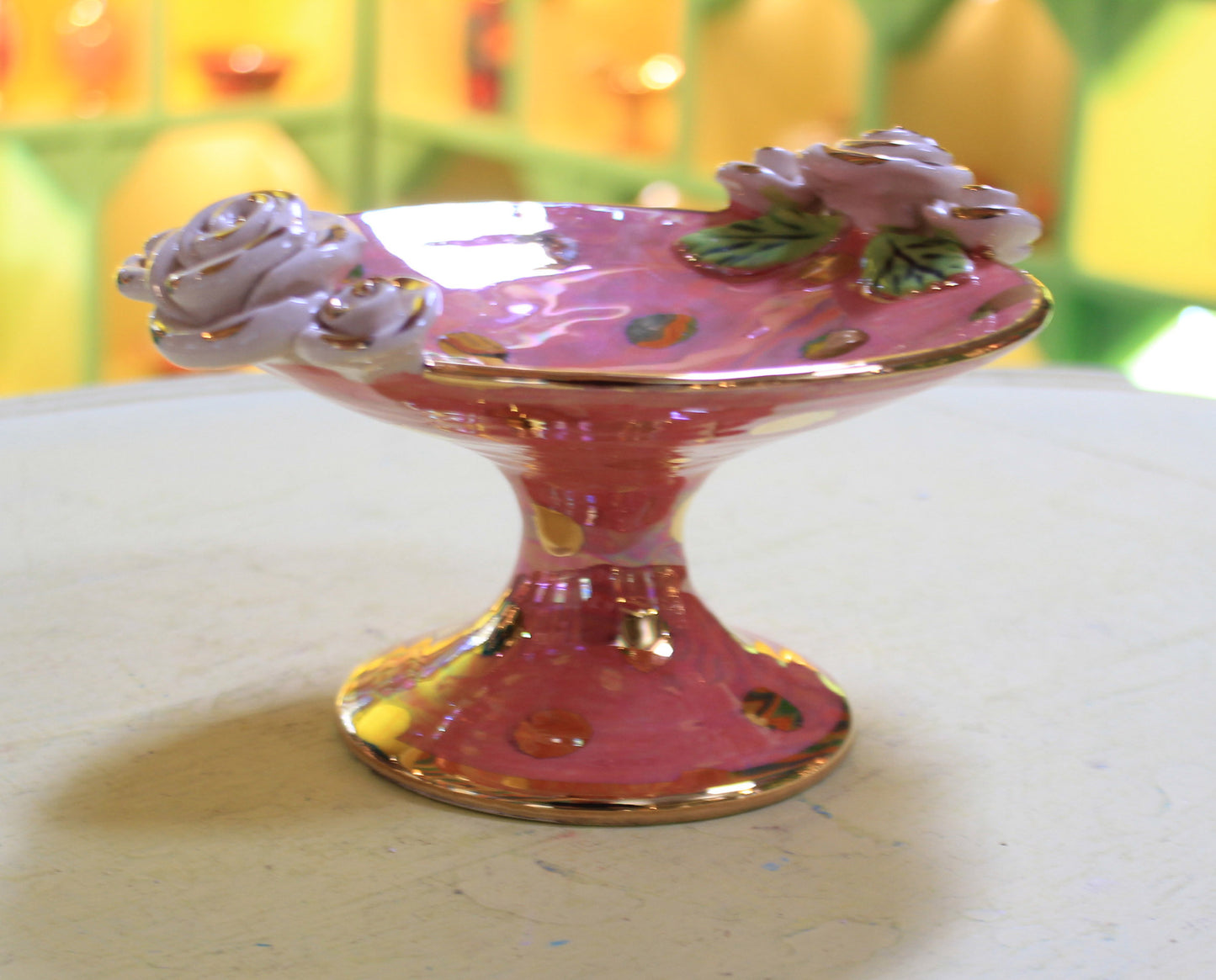 Cocktail Dish Iridescent Pink with Gold Dots