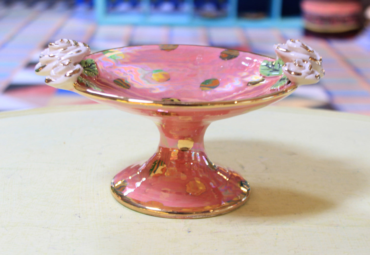 Cocktail Dish Iridescent Pink with Gold Dots