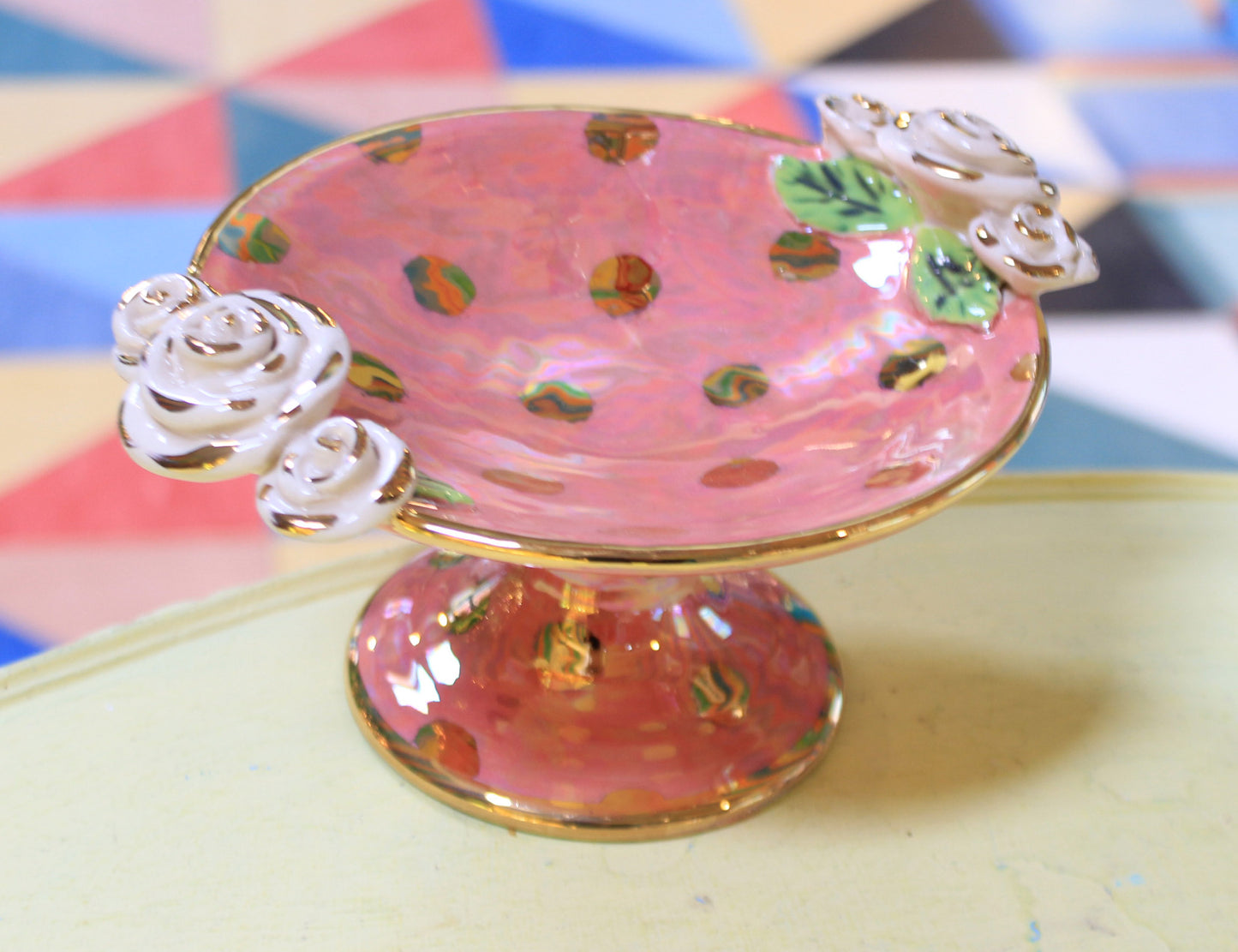 Cocktail Dish Iridescent Pink with Gold Dots