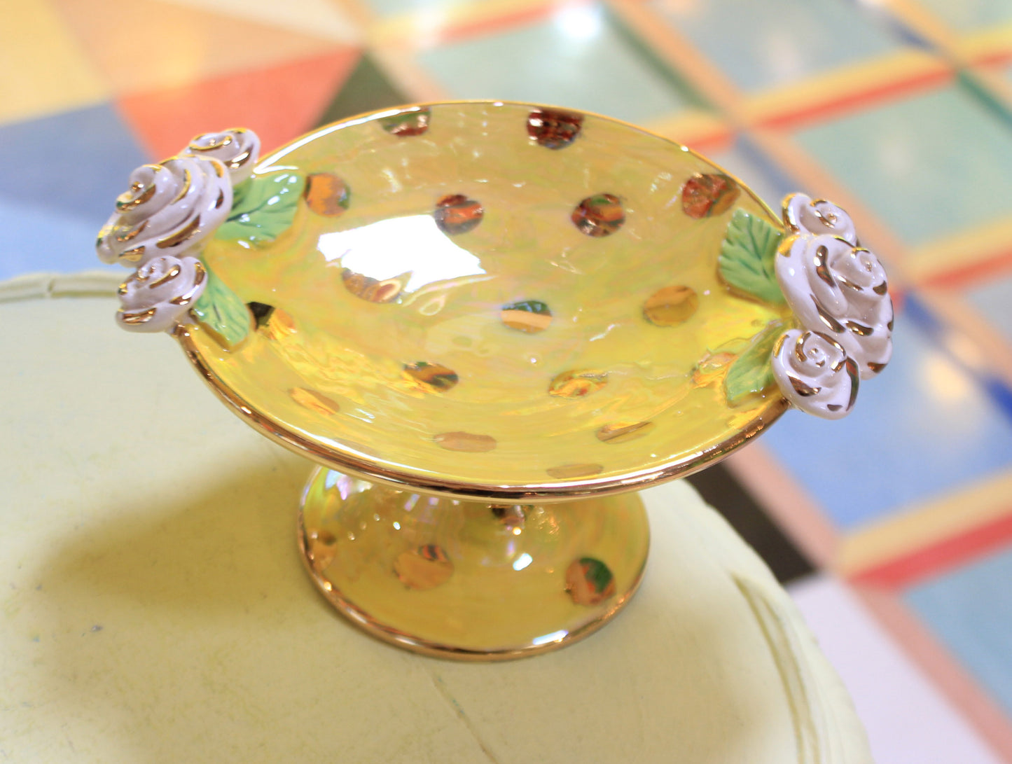 Cocktail Dish Iridescent Yellow with Gold Dots