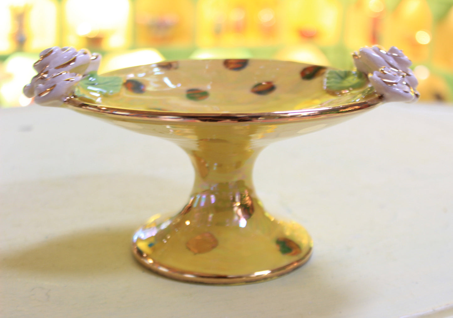Cocktail Dish Iridescent Yellow with Gold Dots