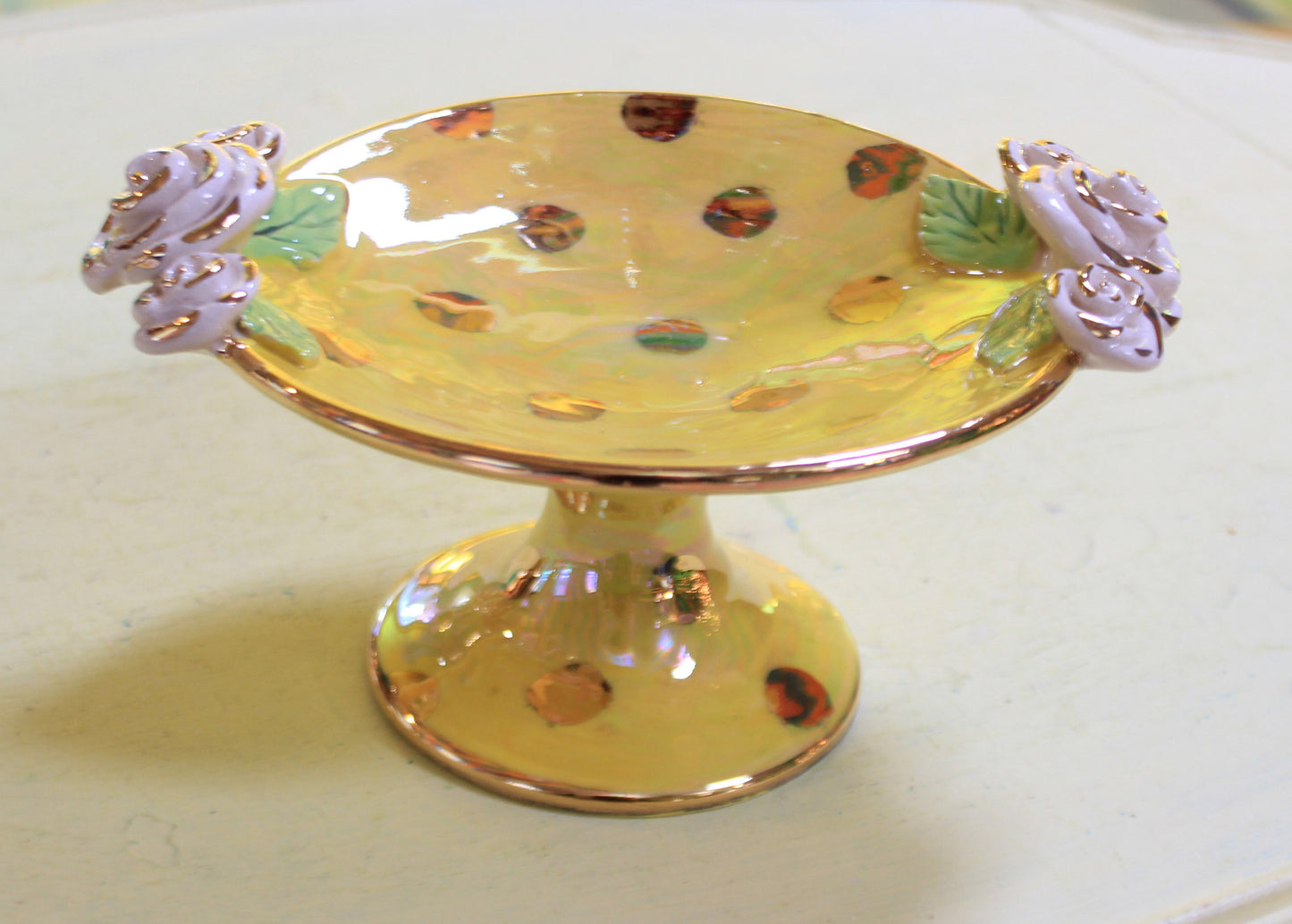 Cocktail Dish Iridescent Yellow with Gold Dots