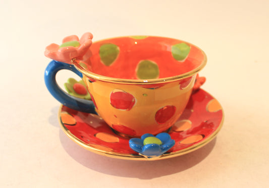 Daisy Cup and Saucer Yellow Orange and Red