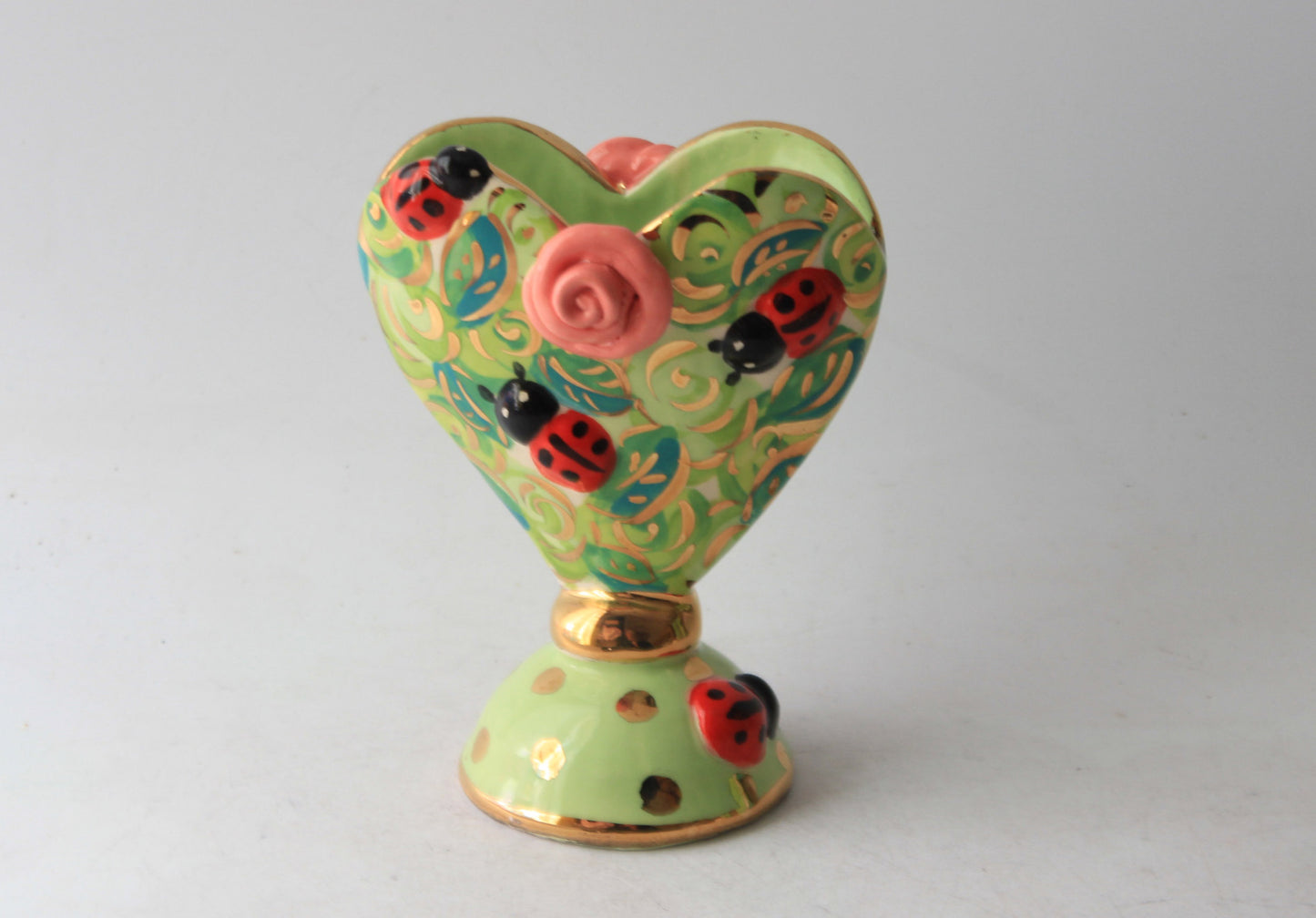 Baby Heart Vase with Studded ladybirds Rosebush