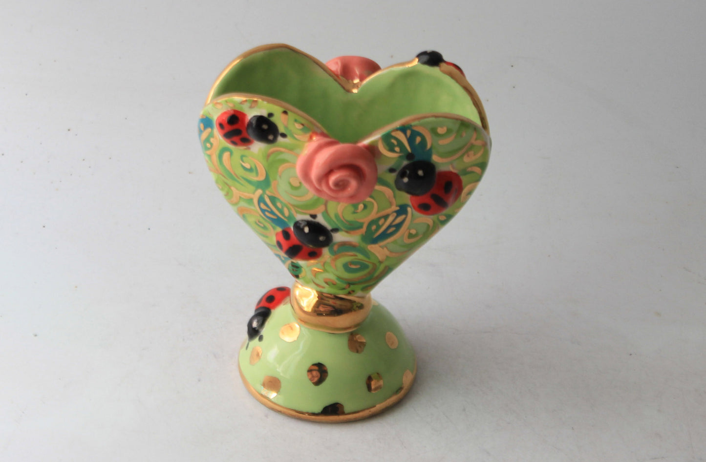 Baby Heart Vase with Studded ladybirds Rosebush