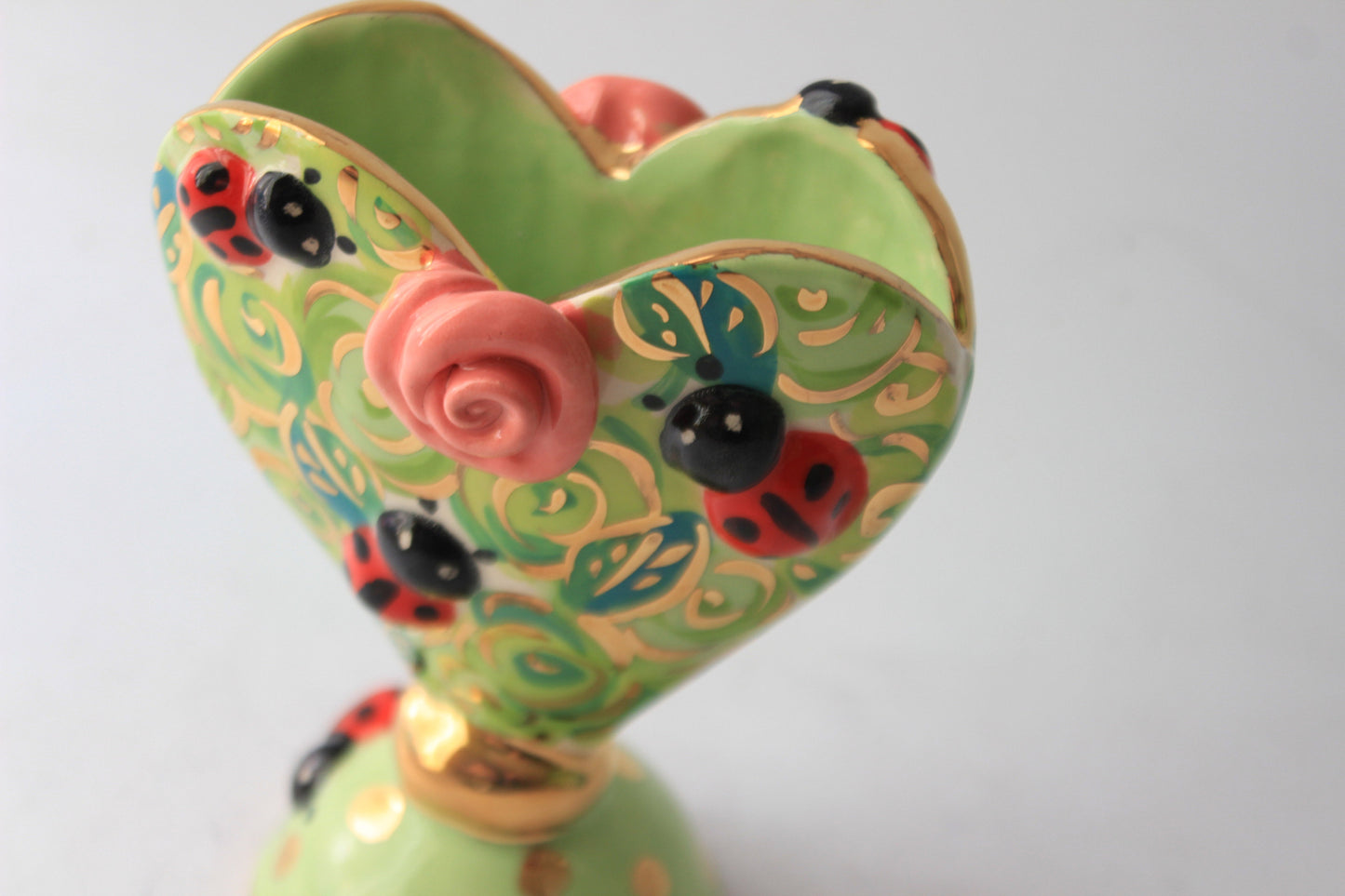 Baby Heart Vase with Studded ladybirds Rosebush