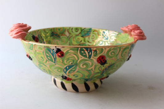 Large Footed Salad Bowl with Ladybirds Green Rosebush