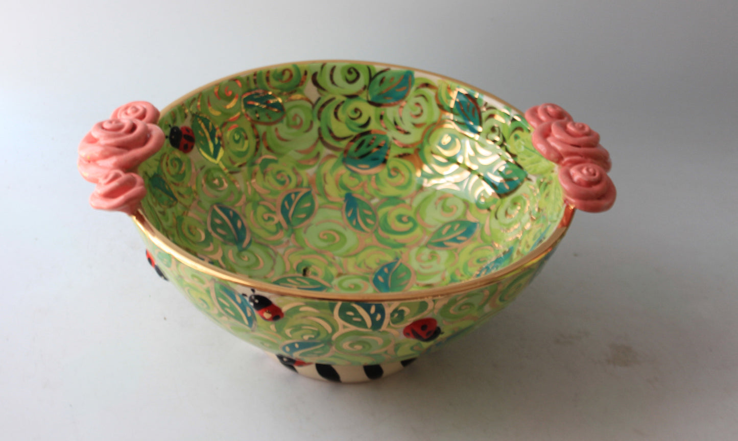 Large Footed Salad Bowl with Ladybirds Green Rosebush