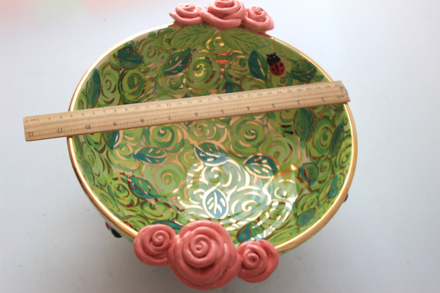 Large Footed Salad Bowl with Ladybirds Green Rosebush