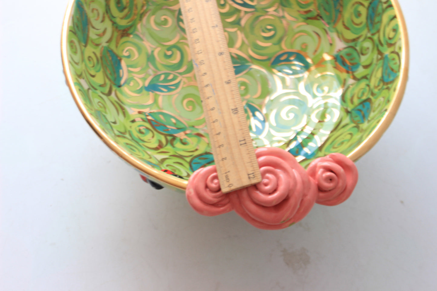 Large Footed Salad Bowl with Ladybirds Green Rosebush