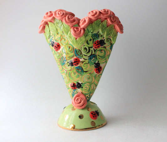 Small Rose Encrusted Heart Vase with Studded ladybirds Rosebush