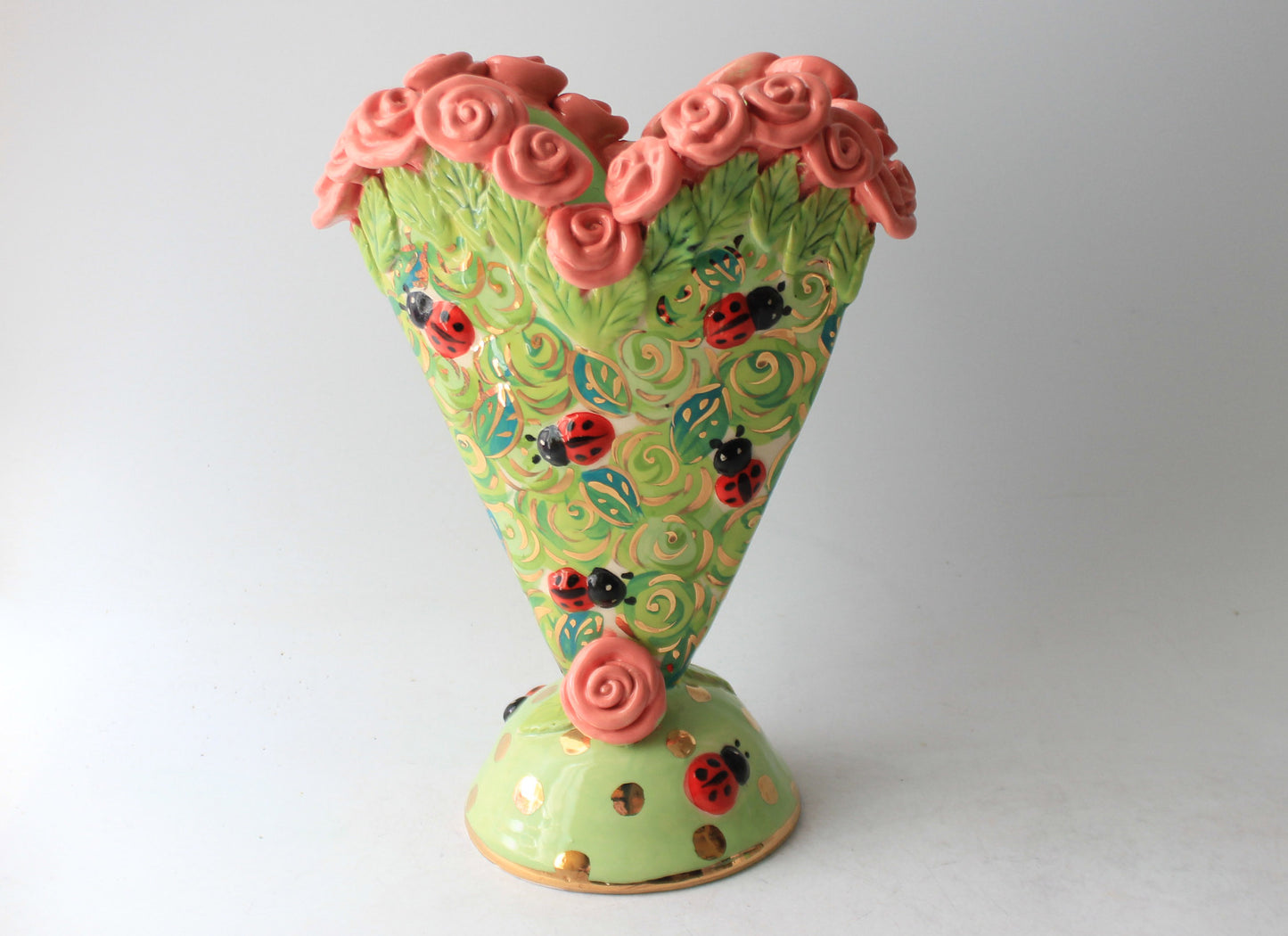 Small Rose Encrusted Heart Vase with Studded ladybirds Rosebush