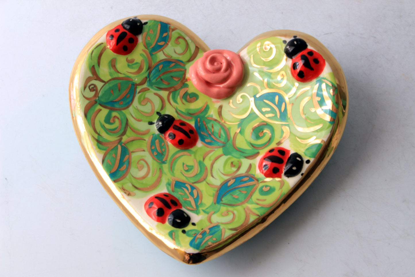 Heart Shaped Soap Dish Sudded with Ladybirds Green Rosebush