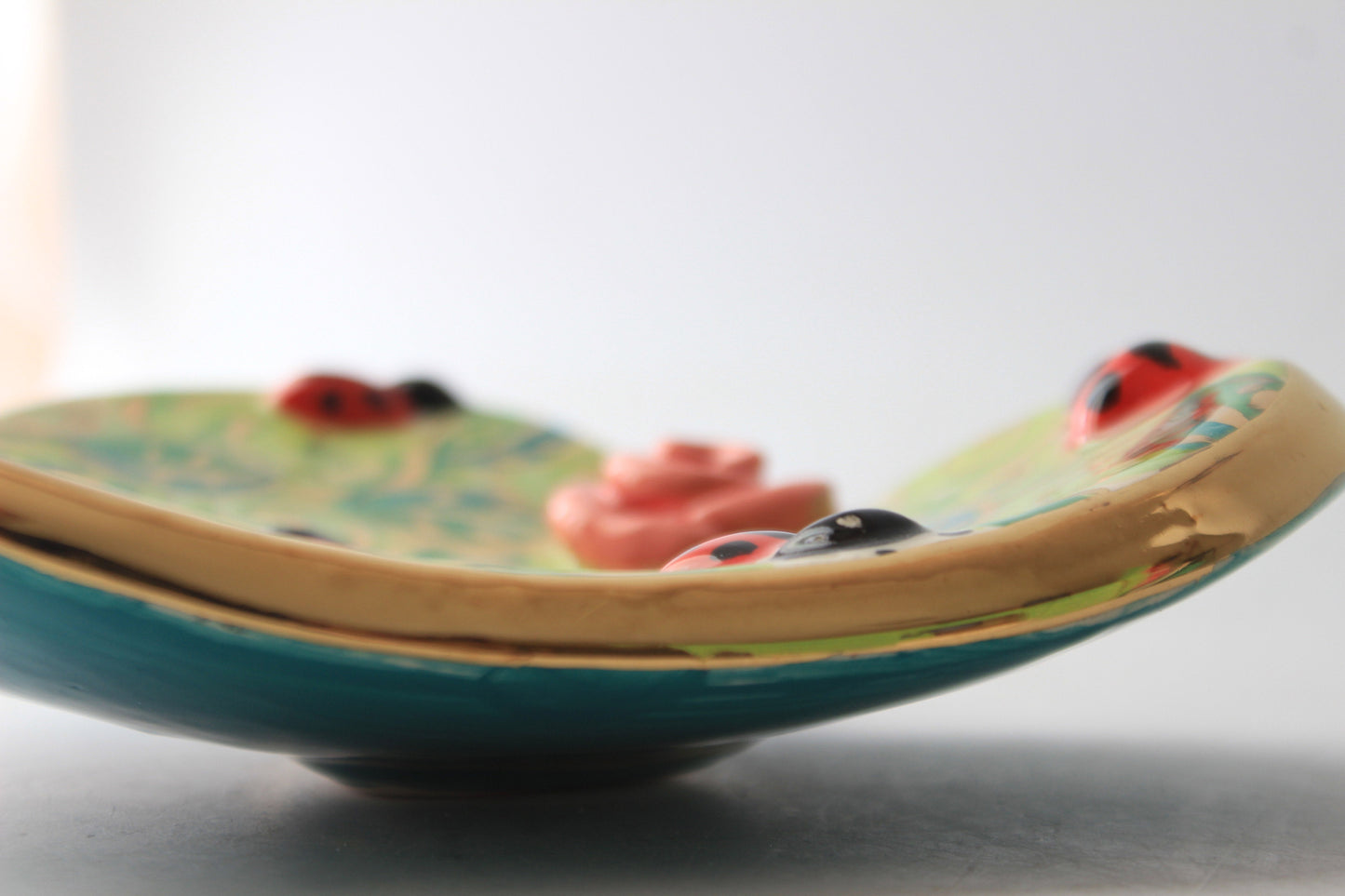 Heart Shaped Soap Dish Sudded with Ladybirds Green Rosebush