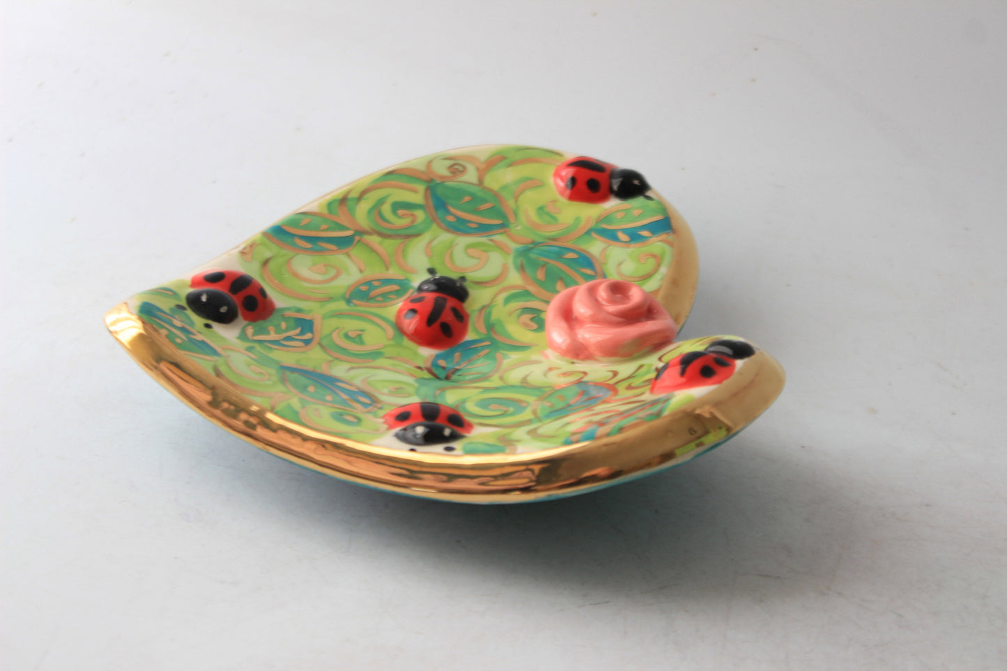 Heart Shaped Soap Dish Sudded with Ladybirds Green Rosebush
