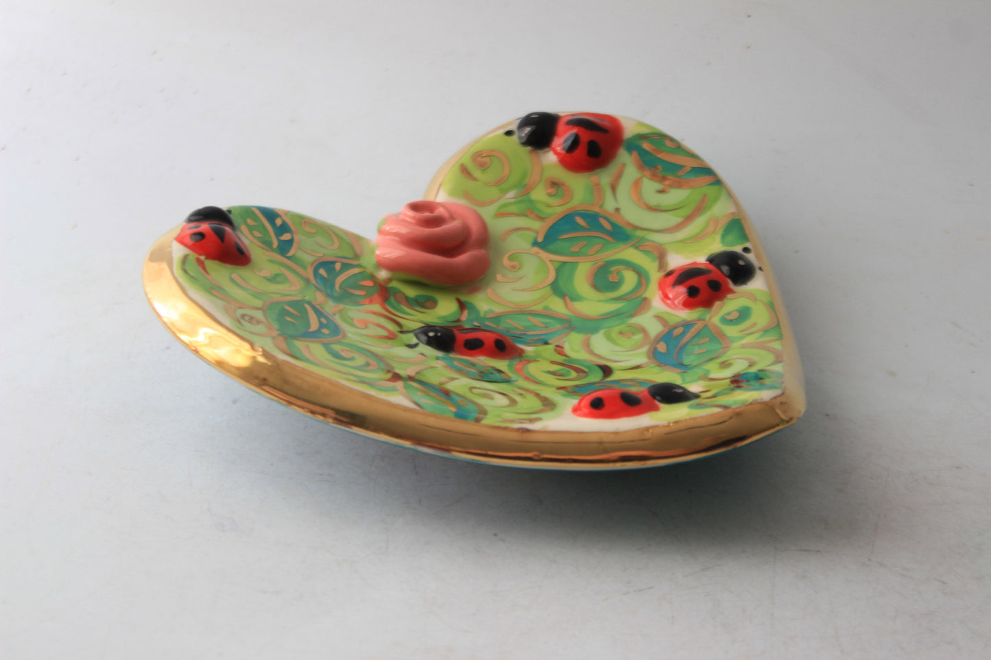Heart Shaped Soap Dish Sudded with Ladybirds Green Rosebush