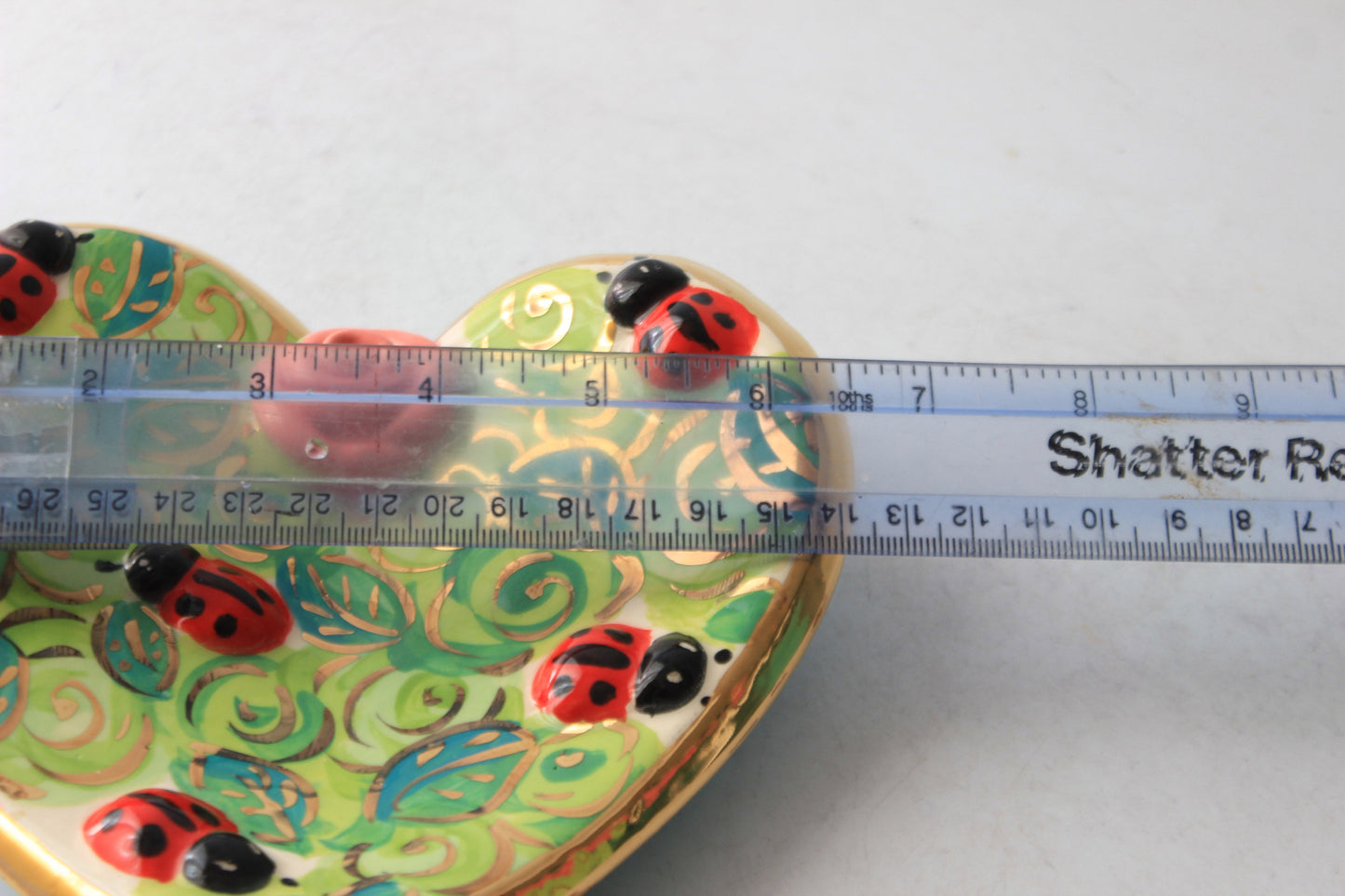 Heart Shaped Soap Dish Sudded with Ladybirds Green Rosebush