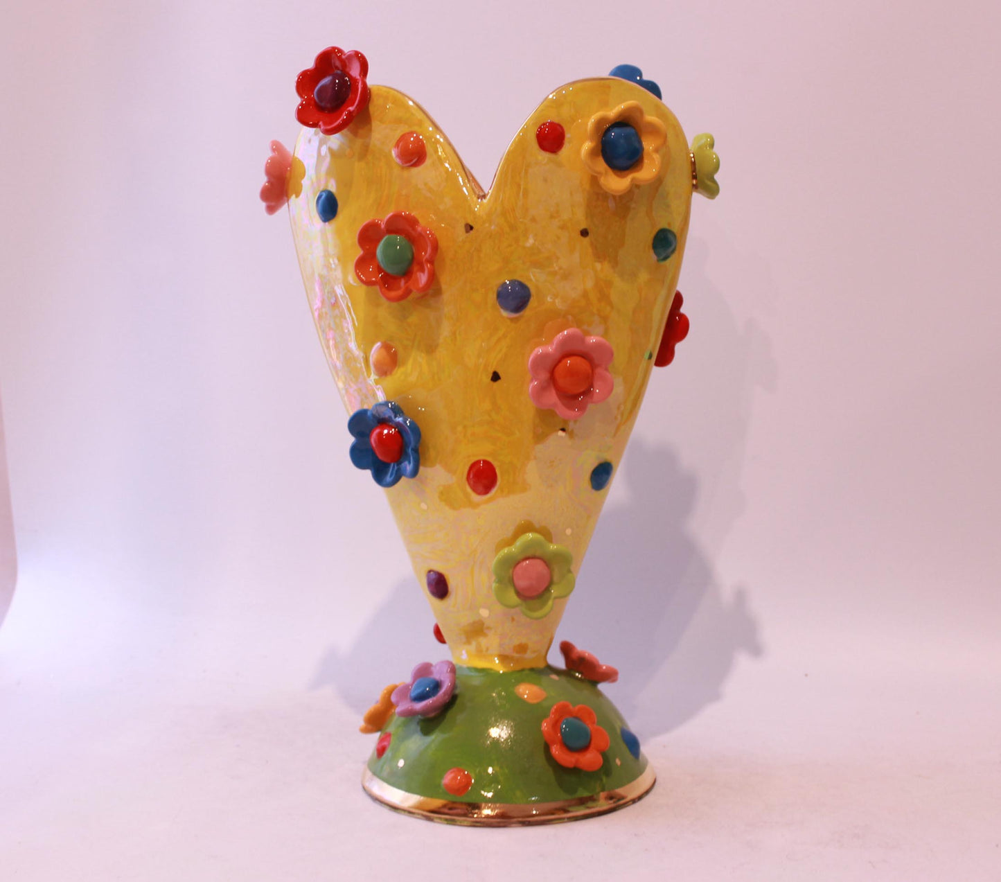 Large Yellow Heart Vase Studded with Daisies